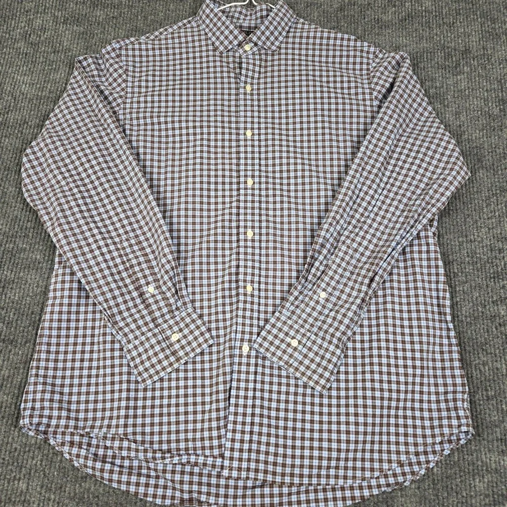 Polo Ralph Lauren Mens XXL Brown Blue Plaid Cotton Stretch Classic Fit‎ Shirt